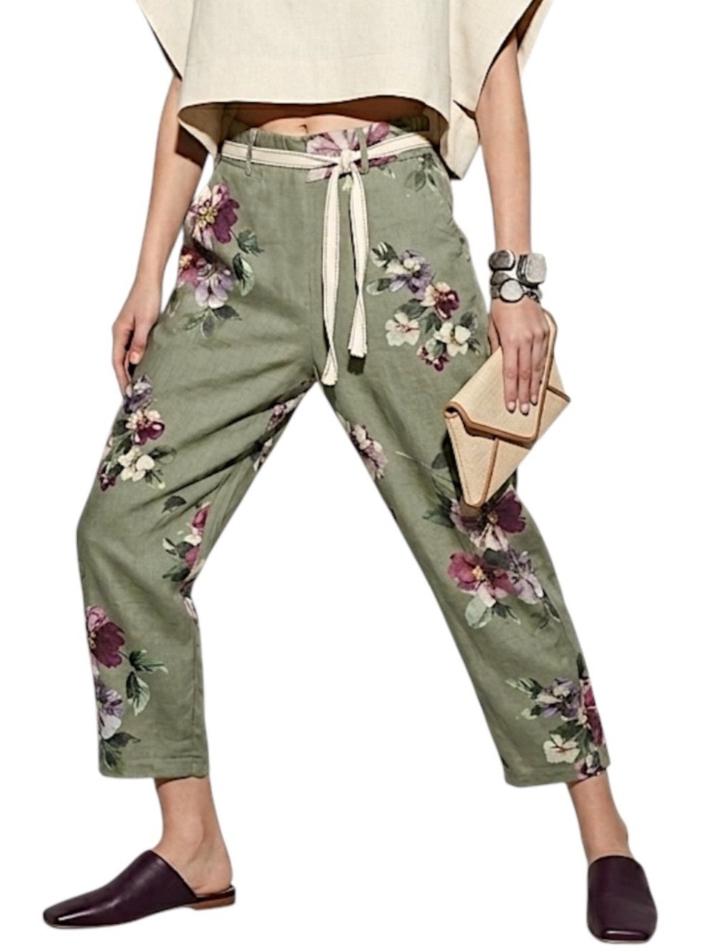 M Made in Italy pure Italian linen old money green floral coastal crop pants XS
